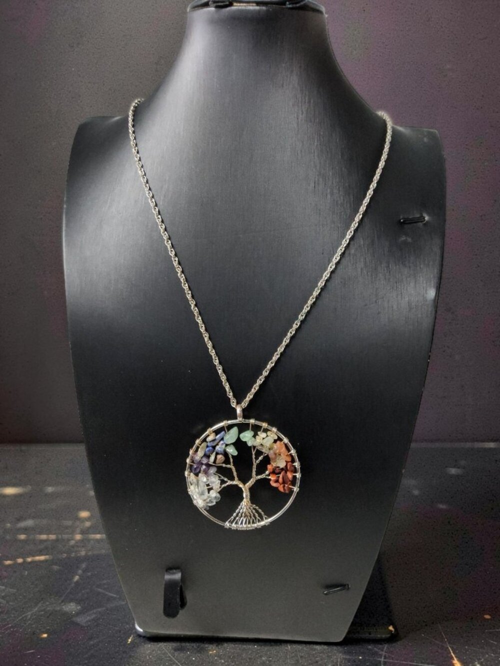 vintage silver tone multi-stone multi-color tree of life necklace